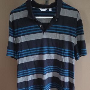 Calvin Klein Men's Polo Shirt - Navy and Gray Stripes